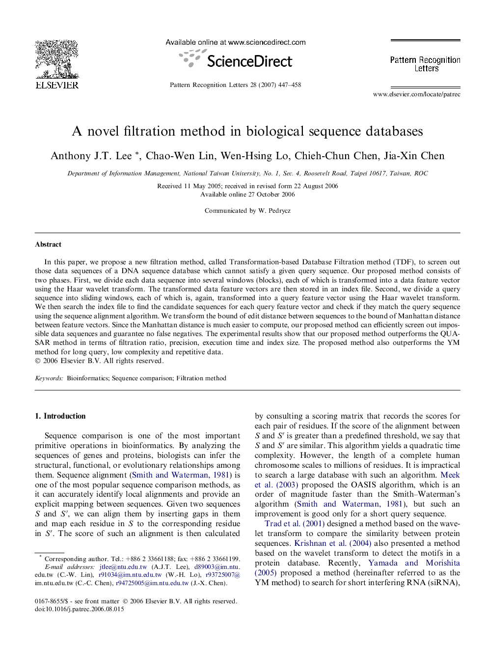 A novel filtration method in biological sequence databases