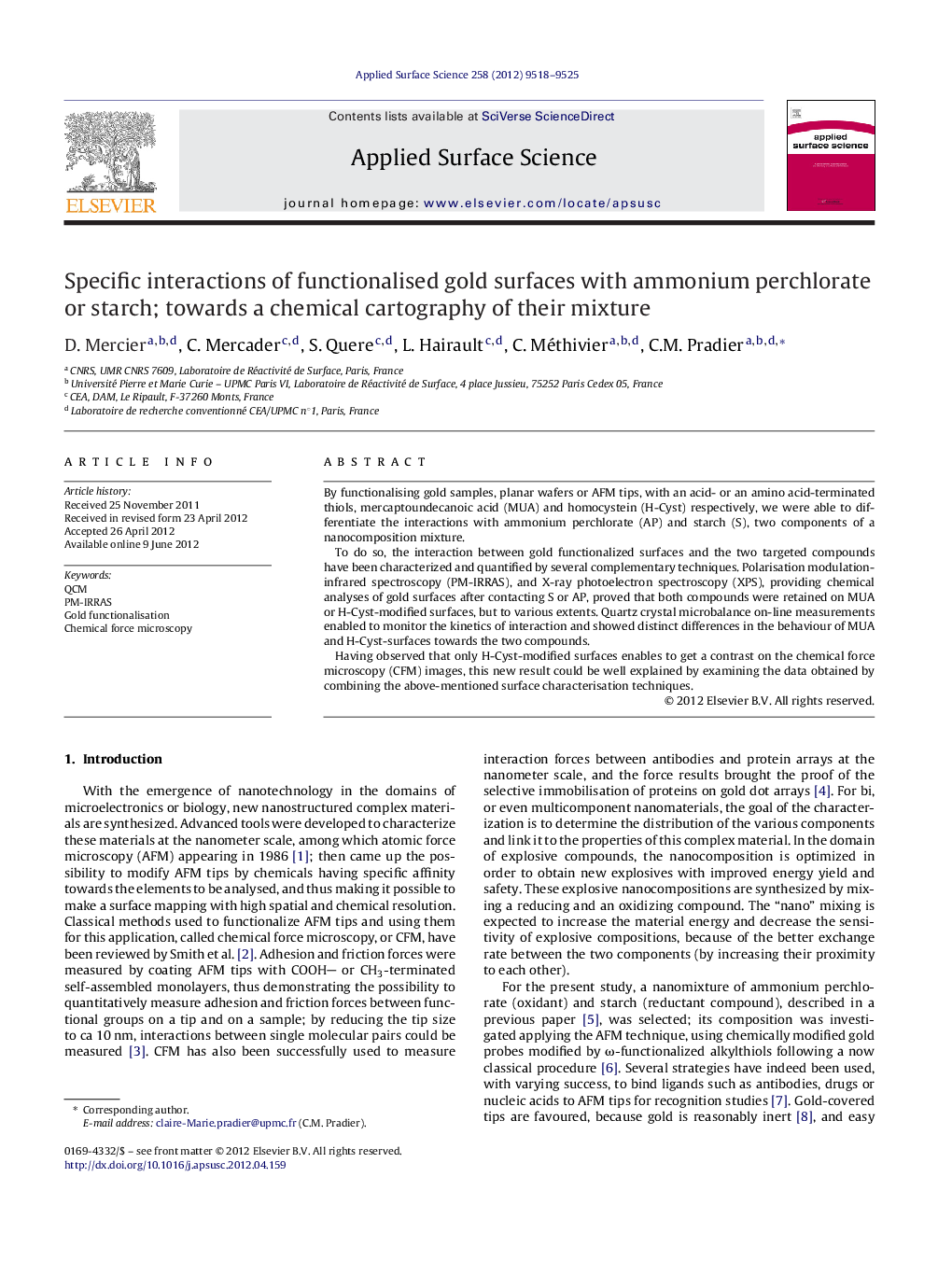 Specific interactions of functionalised gold surfaces with ammonium perchlorate or starch; towards a chemical cartography of their mixture