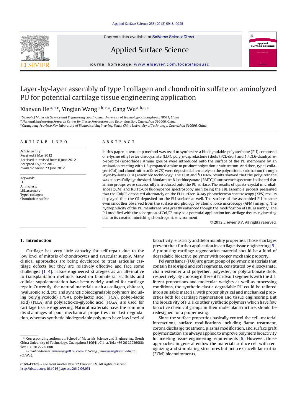عکس صفحه اول مقاله: Layer-by-layer assembly of type I collagen and chondroitin sulfate on aminolyzed PU for potential cartilage tissue engineering application Layer-by-layer assembly of type I collagen and chondroitin sulfate on aminolyzed PU for potential cartilage tissue engineering application