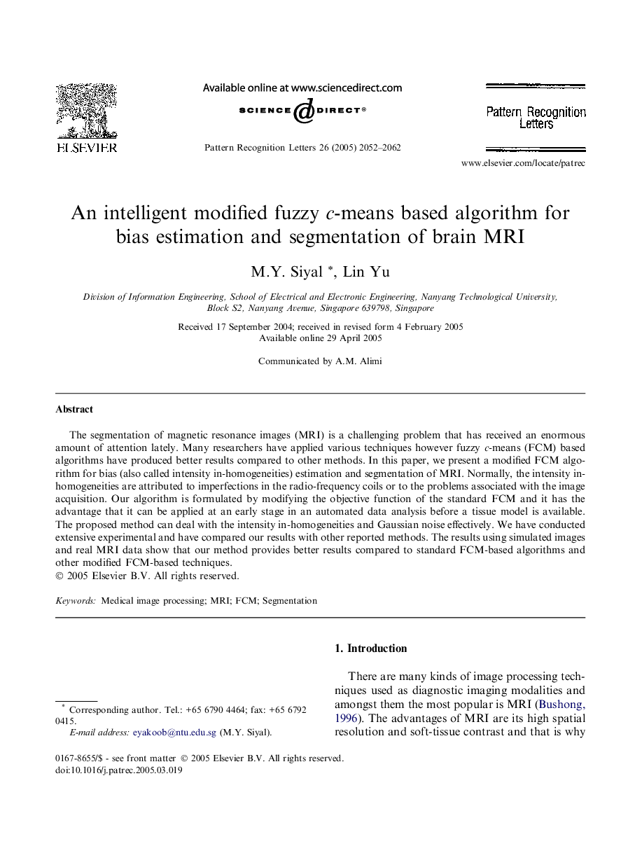 An intelligent modified fuzzy c-means based algorithm for bias estimation and segmentation of brain MRI