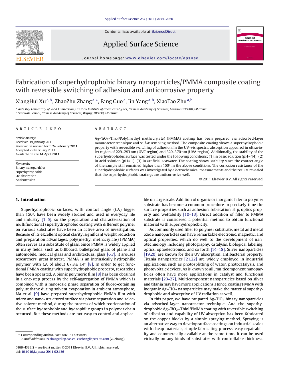 Fabrication of superhydrophobic binary nanoparticles/PMMA composite coating with reversible switching of adhesion and anticorrosive property