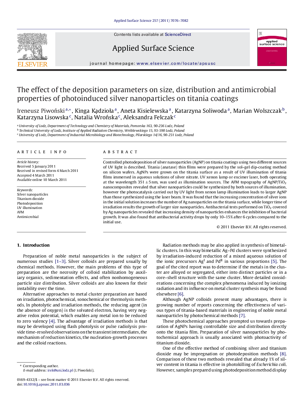 The effect of the deposition parameters on size, distribution and antimicrobial properties of photoinduced silver nanoparticles on titania coatings