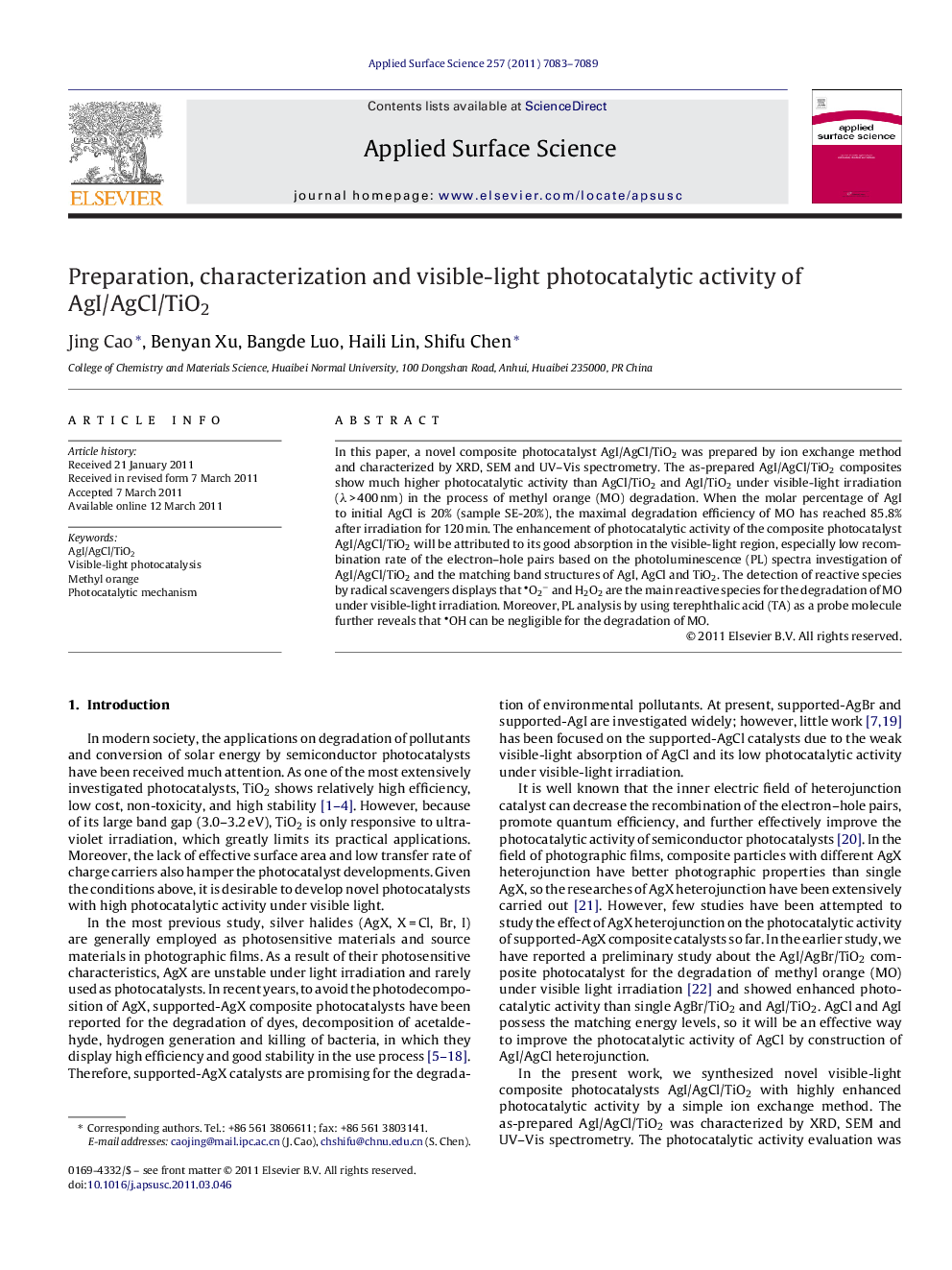 Preparation, characterization and visible-light photocatalytic activity of AgI/AgCl/TiO2