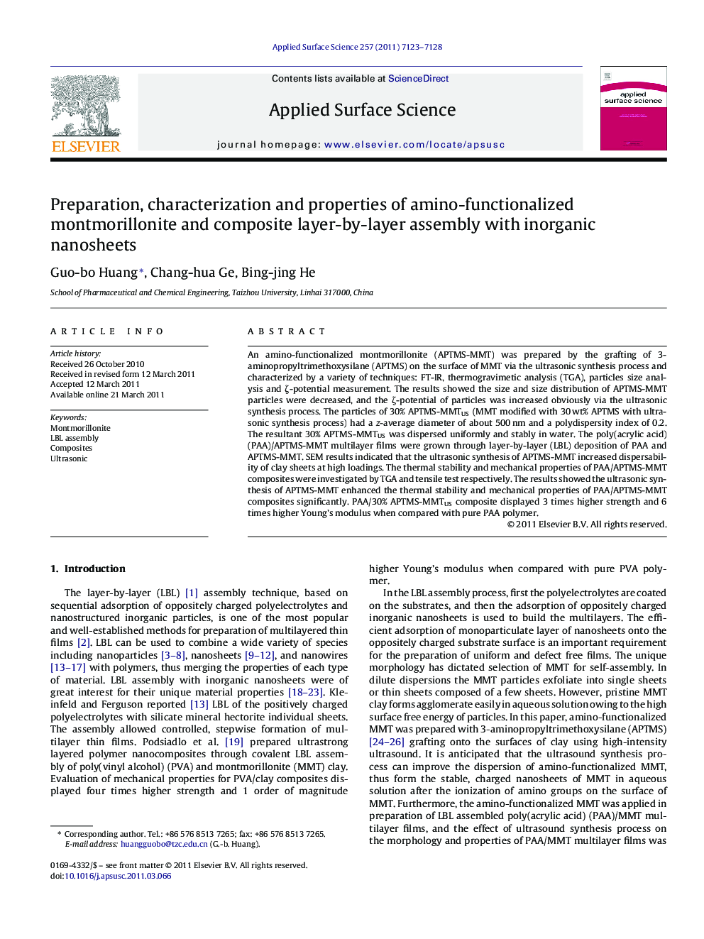 Preparation, characterization and properties of amino-functionalized montmorillonite and composite layer-by-layer assembly with inorganic nanosheets