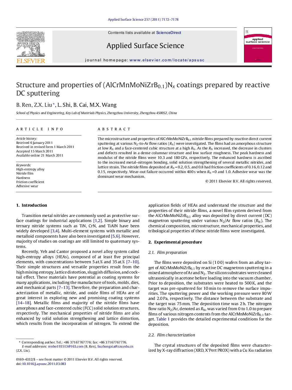 Structure and properties of (AlCrMnMoNiZrB0.1)Nx coatings prepared by reactive DC sputtering