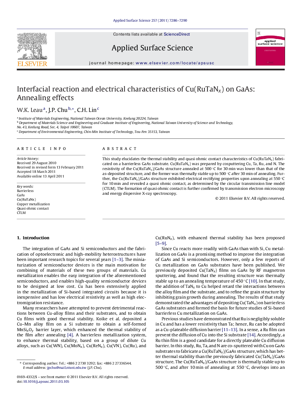 Interfacial reaction and electrical characteristics of Cu(RuTaNx) on GaAs: Annealing effects