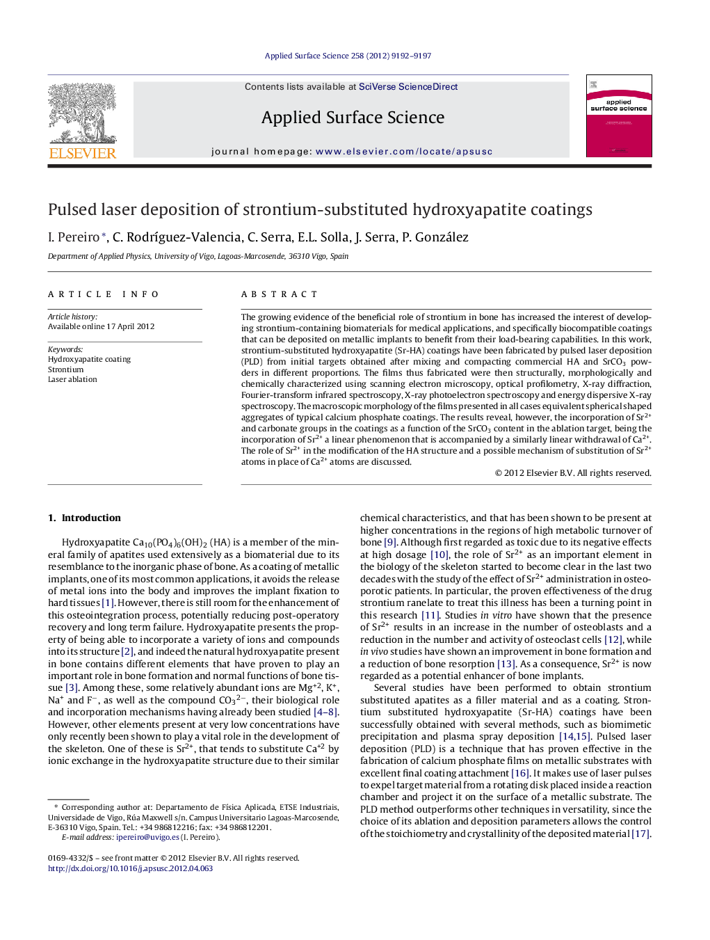 Pulsed laser deposition of strontium-substituted hydroxyapatite coatings