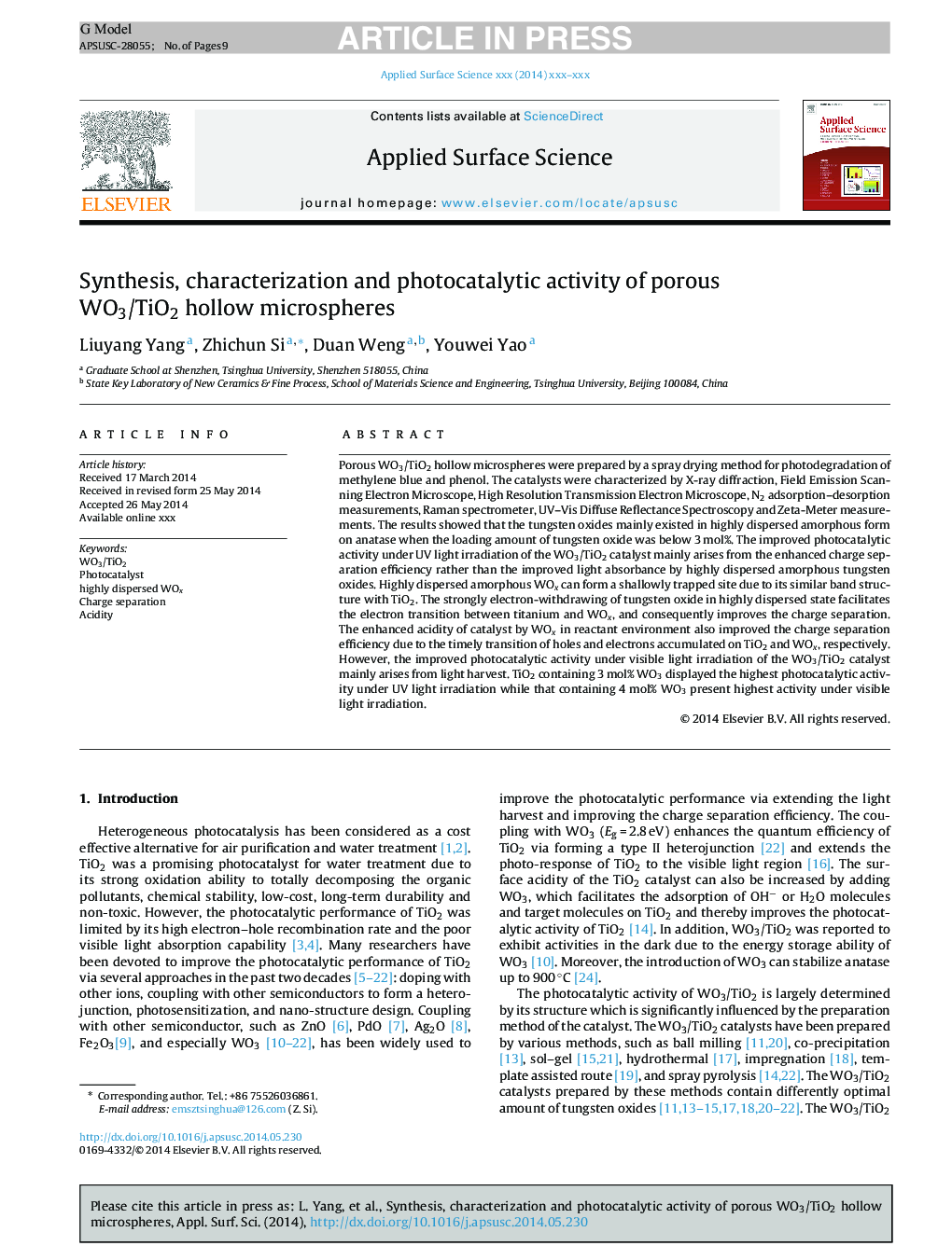 Synthesis, characterization and photocatalytic activity of porous WO3/TiO2 hollow microspheres