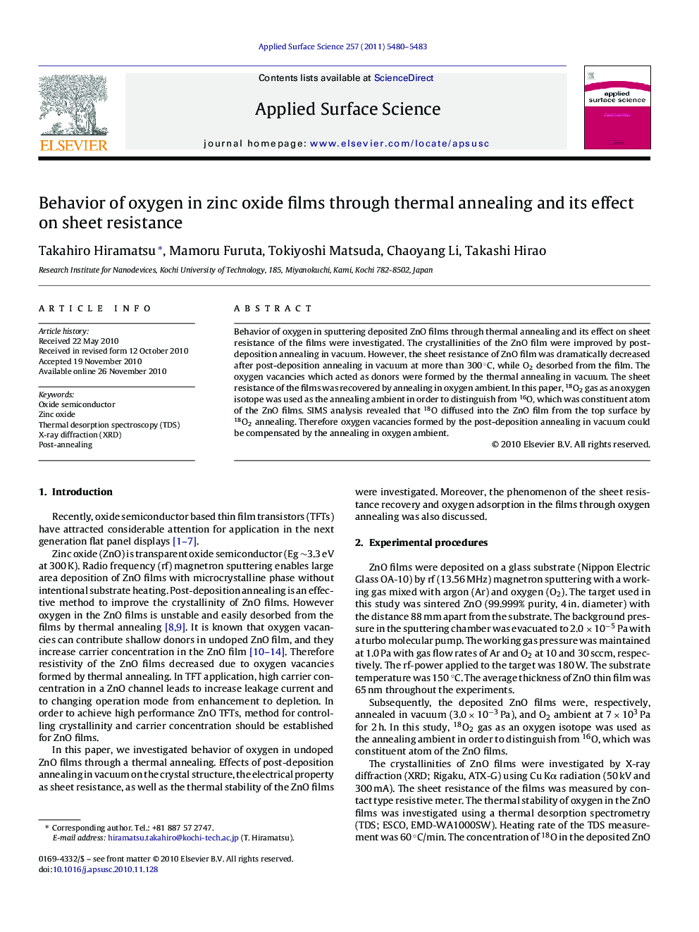 Behavior of oxygen in zinc oxide films through thermal annealing and its effect on sheet resistance