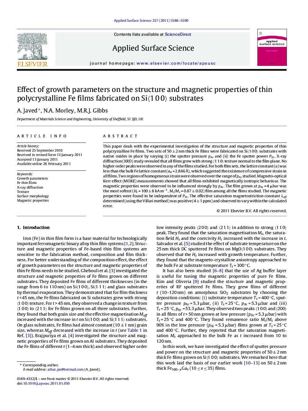 Effect of growth parameters on the structure and magnetic properties of thin polycrystalline Fe films fabricated on Siã1Â 0Â 0ã substrates