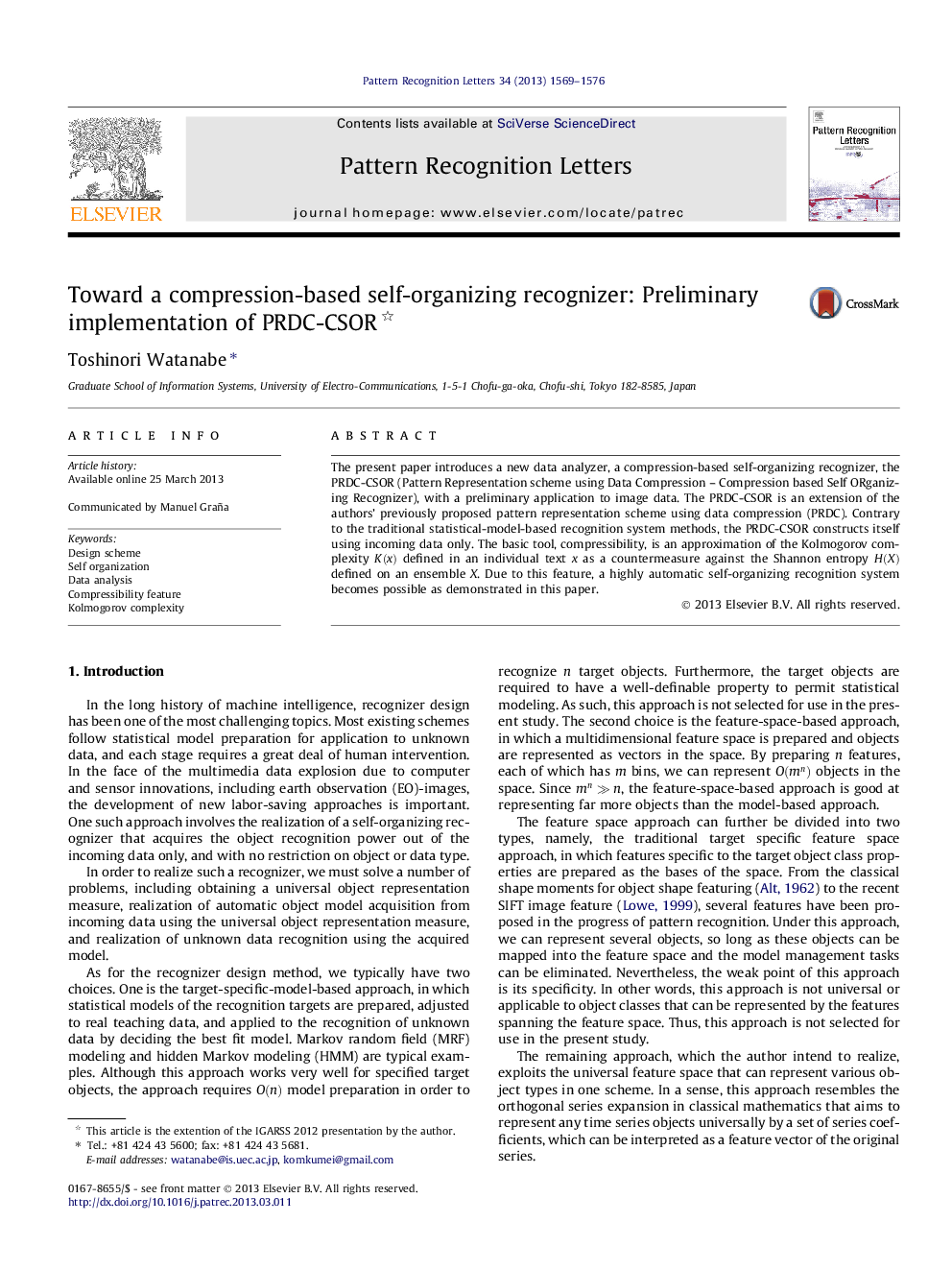 Toward a compression-based self-organizing recognizer: Preliminary implementation of PRDC-CSOR 