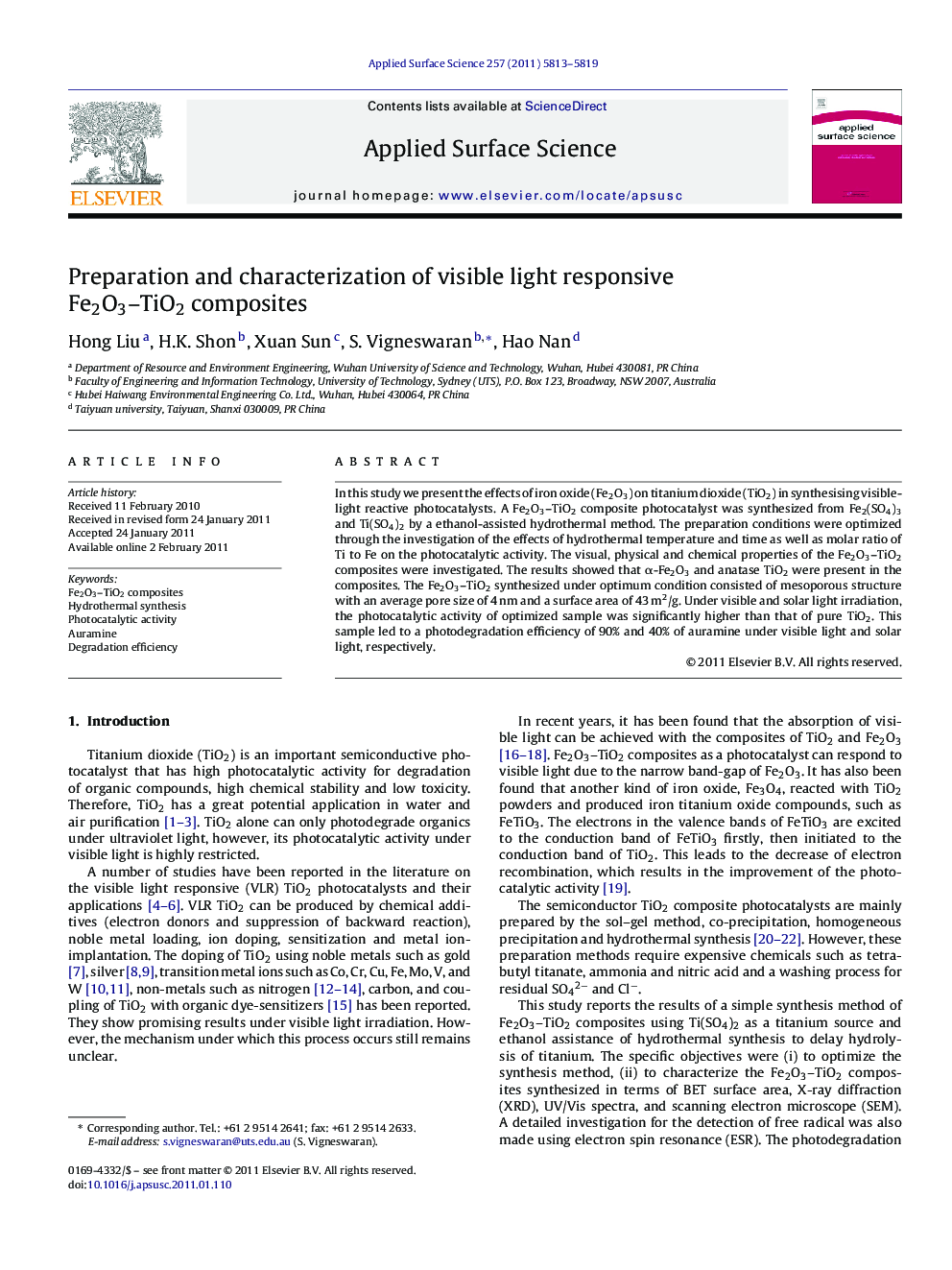 Preparation and characterization of visible light responsive Fe2O3-TiO2 composites