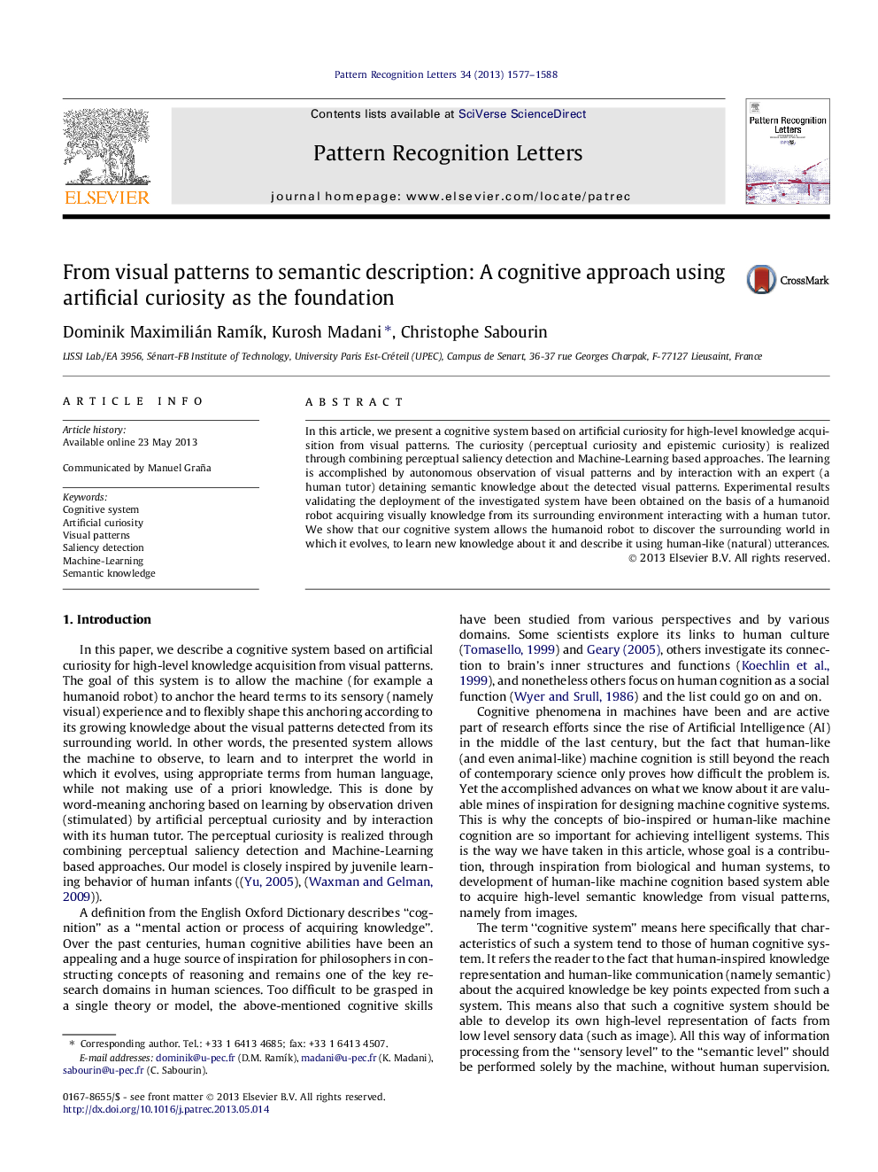 From visual patterns to semantic description: A cognitive approach using artificial curiosity as the foundation