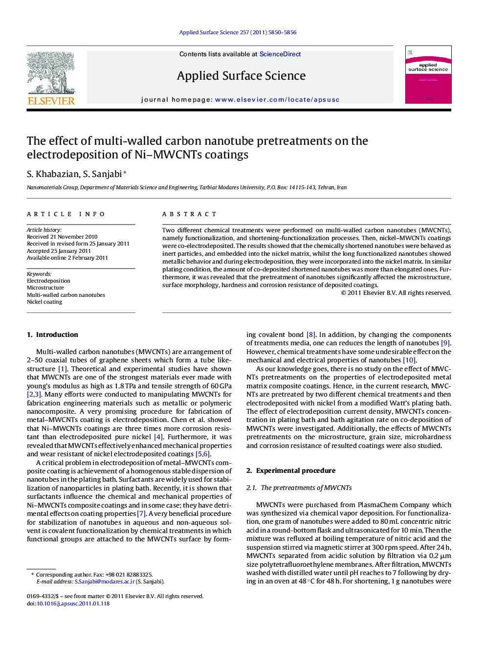 The effect of multi-walled carbon nanotube pretreatments on the electrodeposition of Ni-MWCNTs coatings