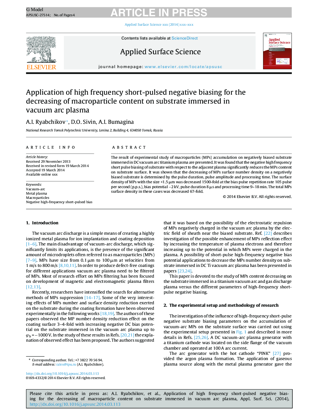 Application of high frequency short-pulsed negative biasing for the decreasing of macroparticle content on substrate immersed in vacuum arc plasma