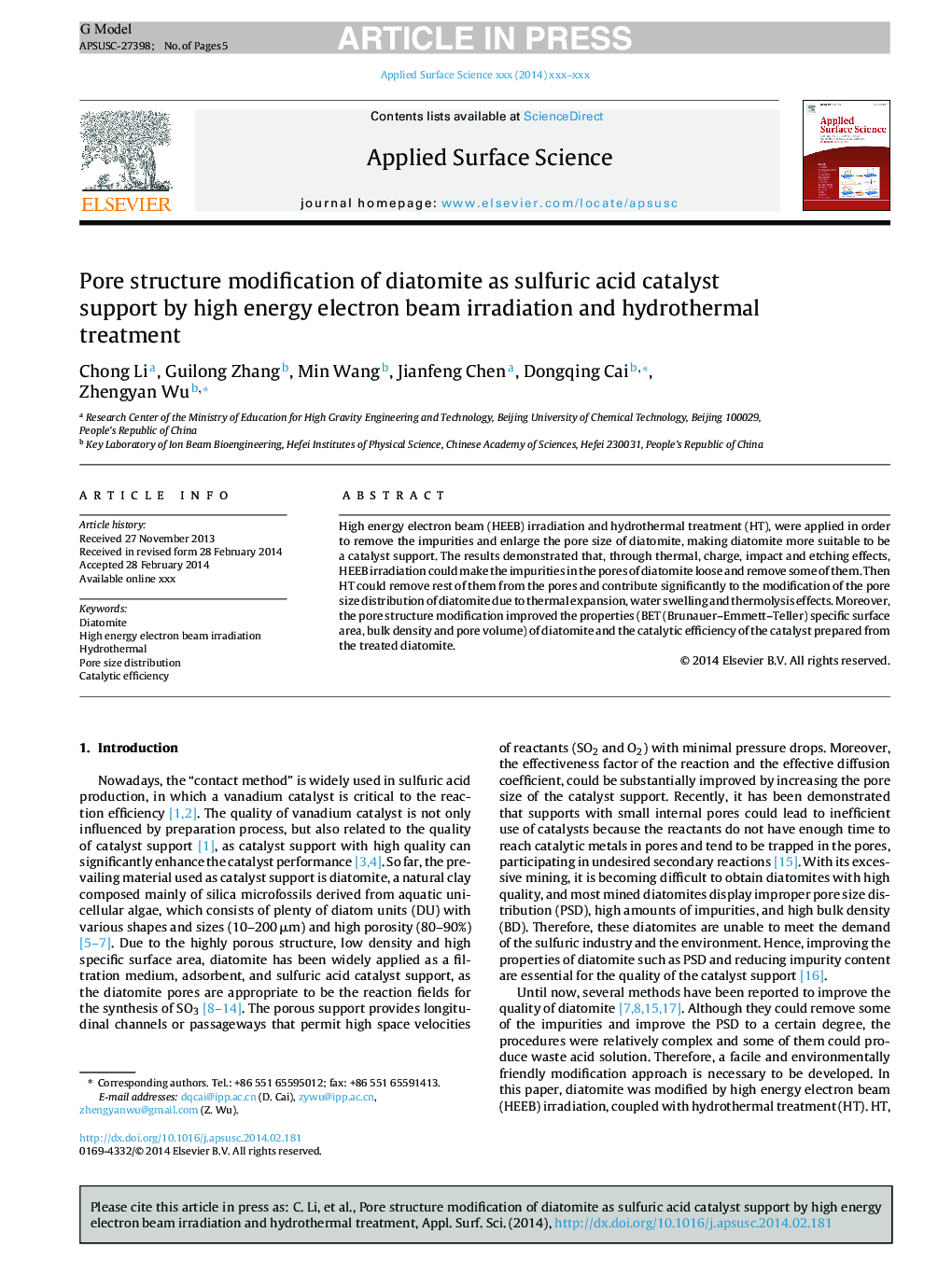 Pore structure modification of diatomite as sulfuric acid catalyst support by high energy electron beam irradiation and hydrothermal treatment