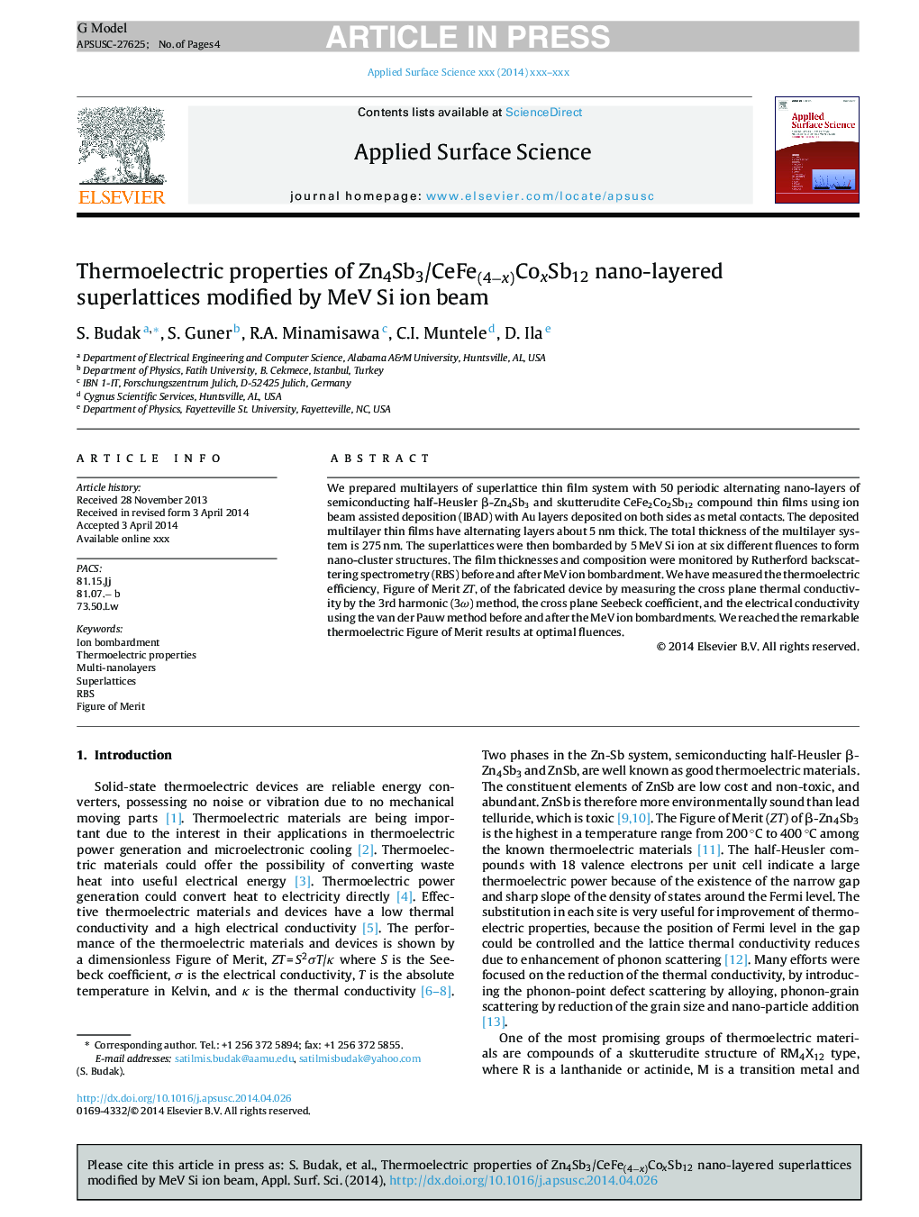 Thermoelectric properties of Zn4Sb3/CeFe(4âx)CoxSb12 nano-layered superlattices modified by MeV Si ion beam