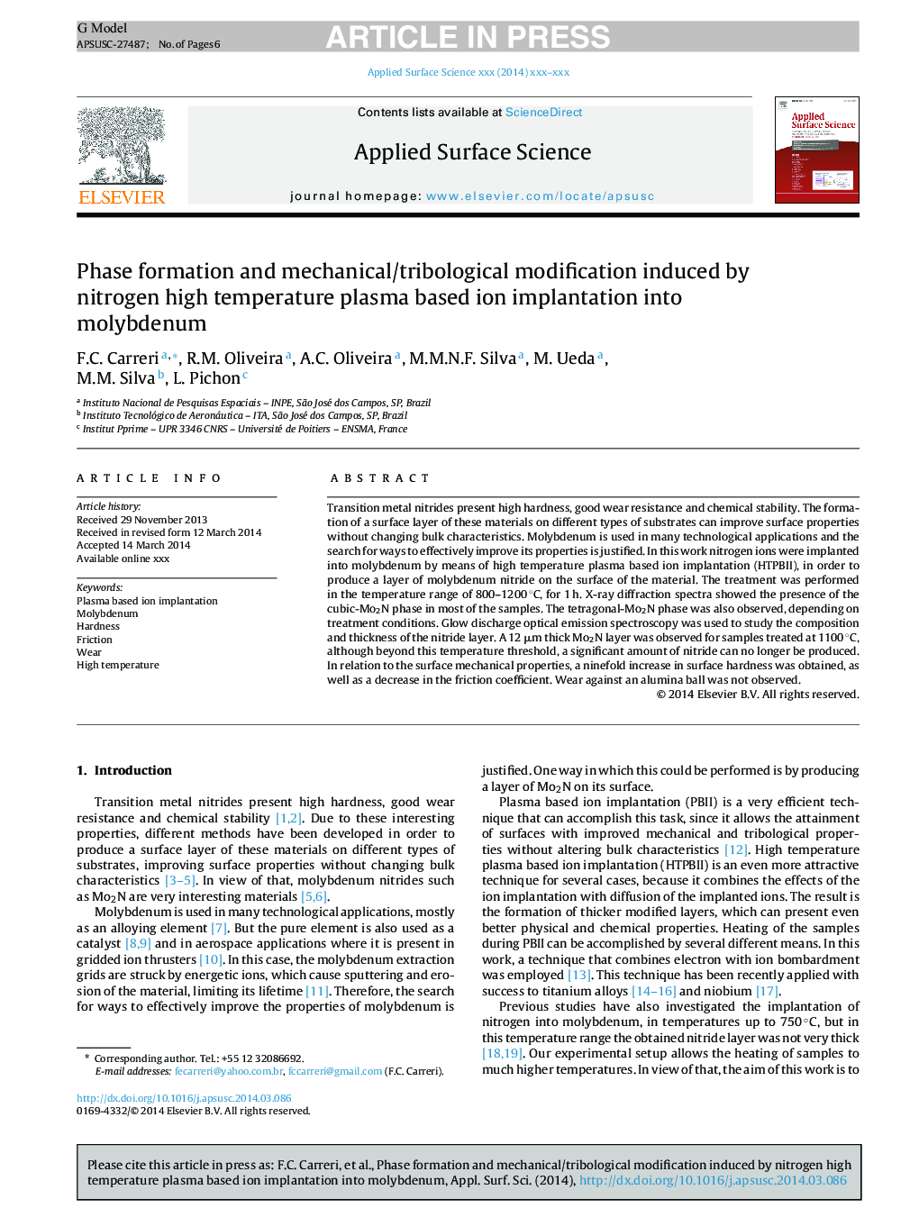 Phase formation and mechanical/tribological modification induced by nitrogen high temperature plasma based ion implantation into molybdenum