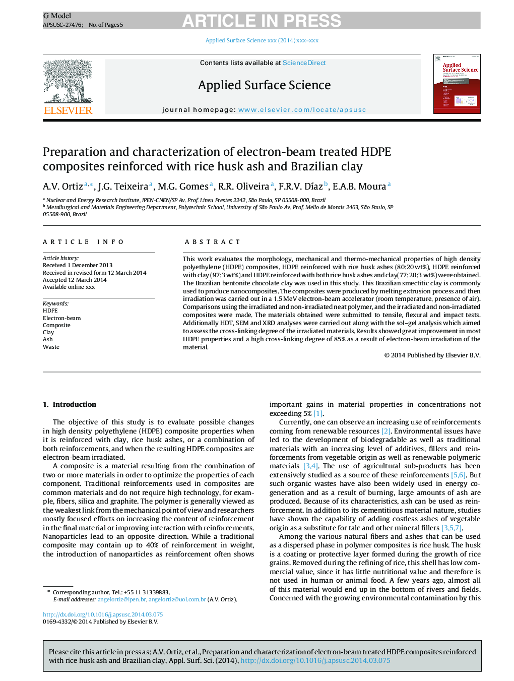 Preparation and characterization of electron-beam treated HDPE composites reinforced with rice husk ash and Brazilian clay