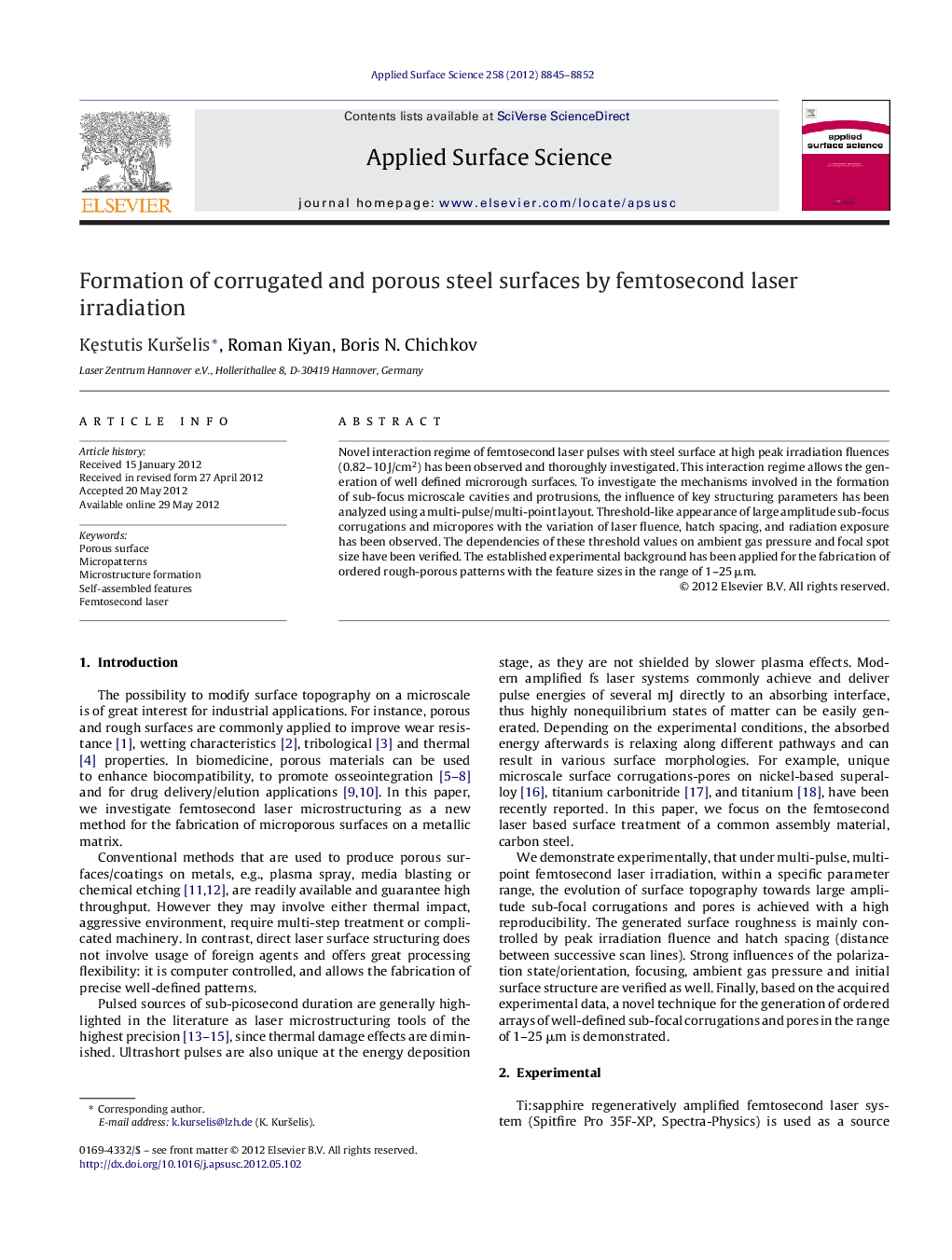 Formation of corrugated and porous steel surfaces by femtosecond laser irradiation