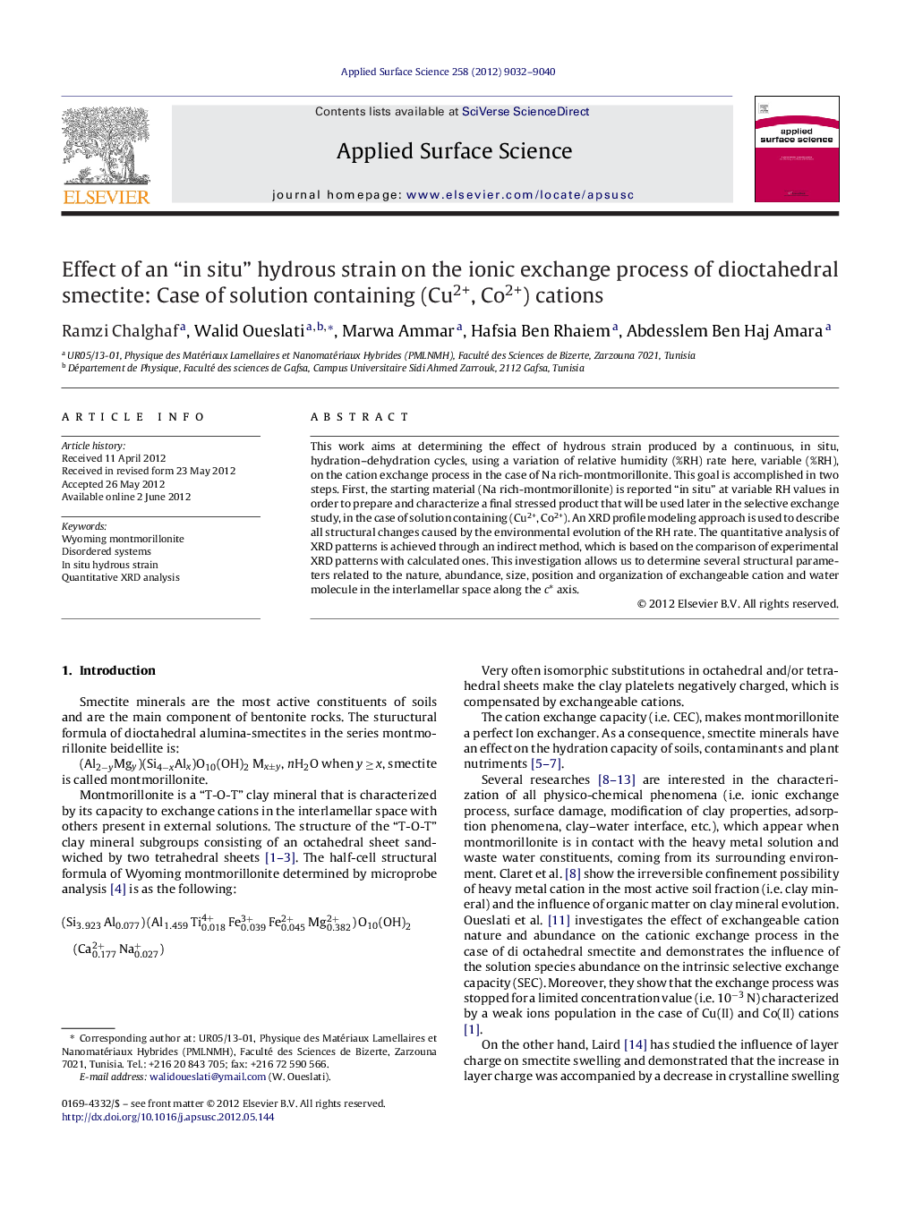 Effect of an “in situ” hydrous strain on the ionic exchange process of dioctahedral smectite: Case of solution containing (Cu2+, Co2+) cations