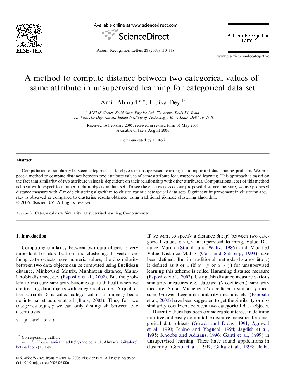 A method to compute distance between two categorical values of same attribute in unsupervised learning for categorical data set