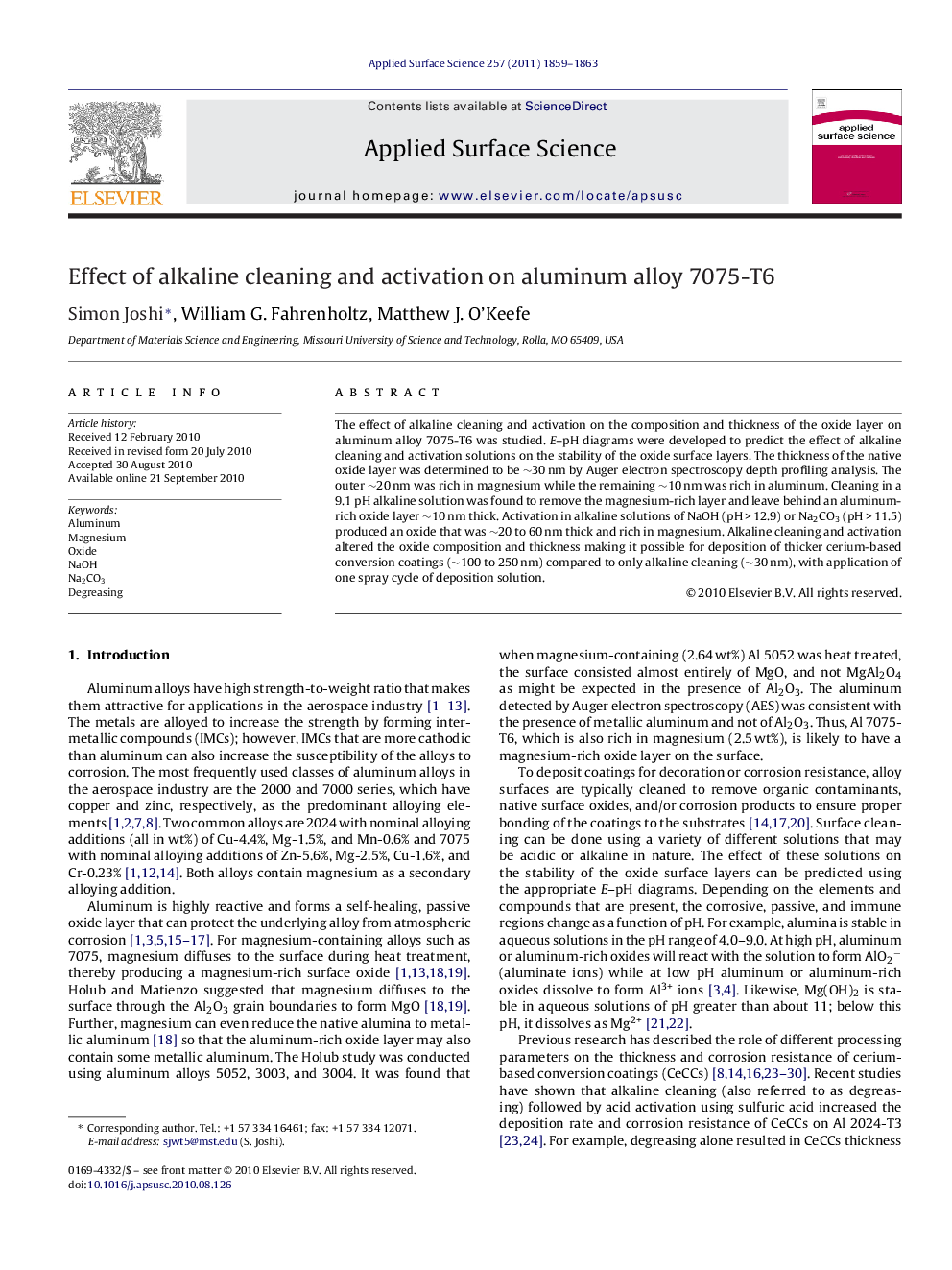 Effect of alkaline cleaning and activation on aluminum alloy 7075-T6