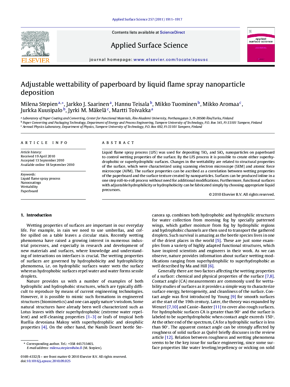 Adjustable wettability of paperboard by liquid flame spray nanoparticle deposition