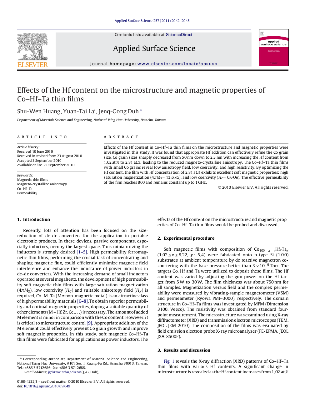 Effects of the Hf content on the microstructure and magnetic properties of Co-Hf-Ta thin films