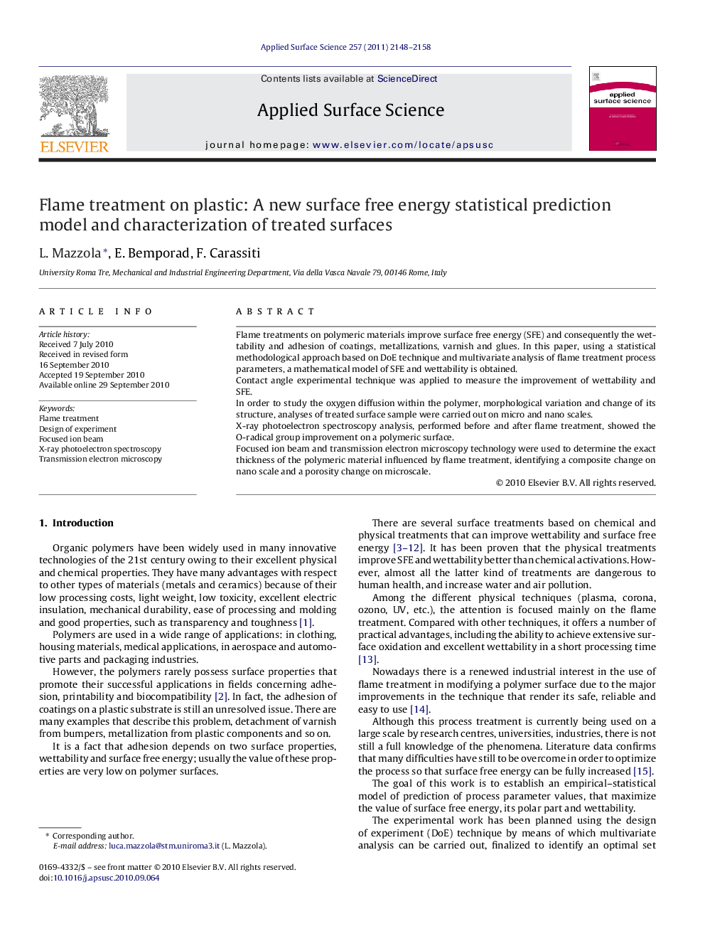 Flame treatment on plastic: A new surface free energy statistical prediction model and characterization of treated surfaces