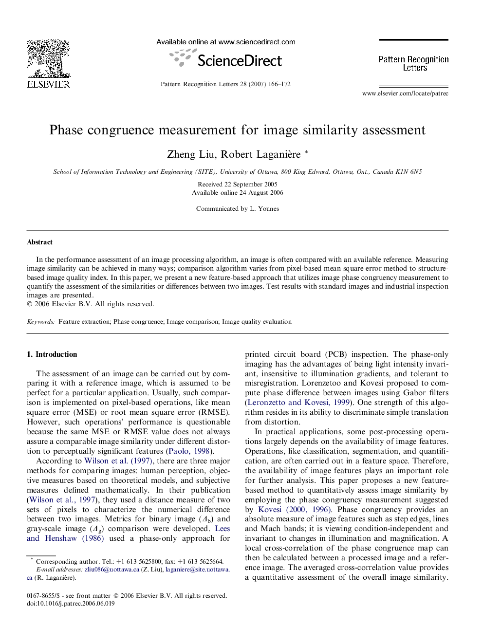 Phase congruence measurement for image similarity assessment