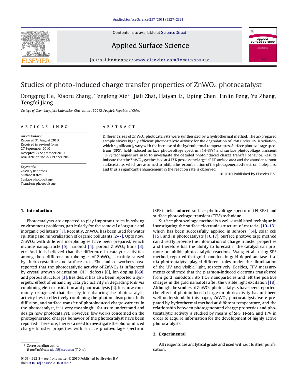 Studies of photo-induced charge transfer properties of ZnWO4 photocatalyst