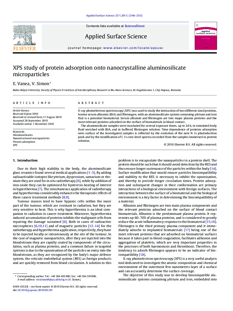 XPS study of protein adsorption onto nanocrystalline aluminosilicate microparticles