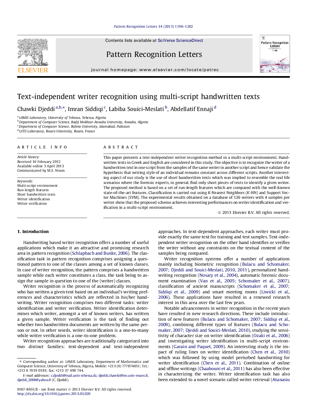 Text-independent writer recognition using multi-script handwritten texts