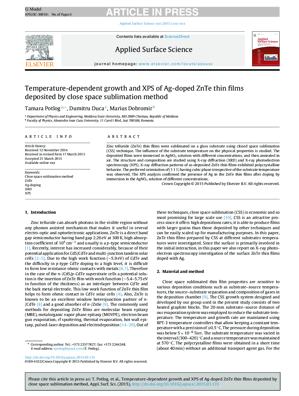 Temperature-dependent growth and XPS of Ag-doped ZnTe thin films deposited by close space sublimation method