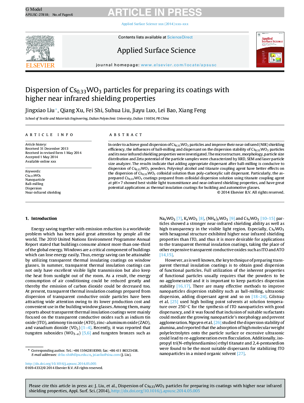 Dispersion of Cs0.33WO3 particles for preparing its coatings with higher near infrared shielding properties