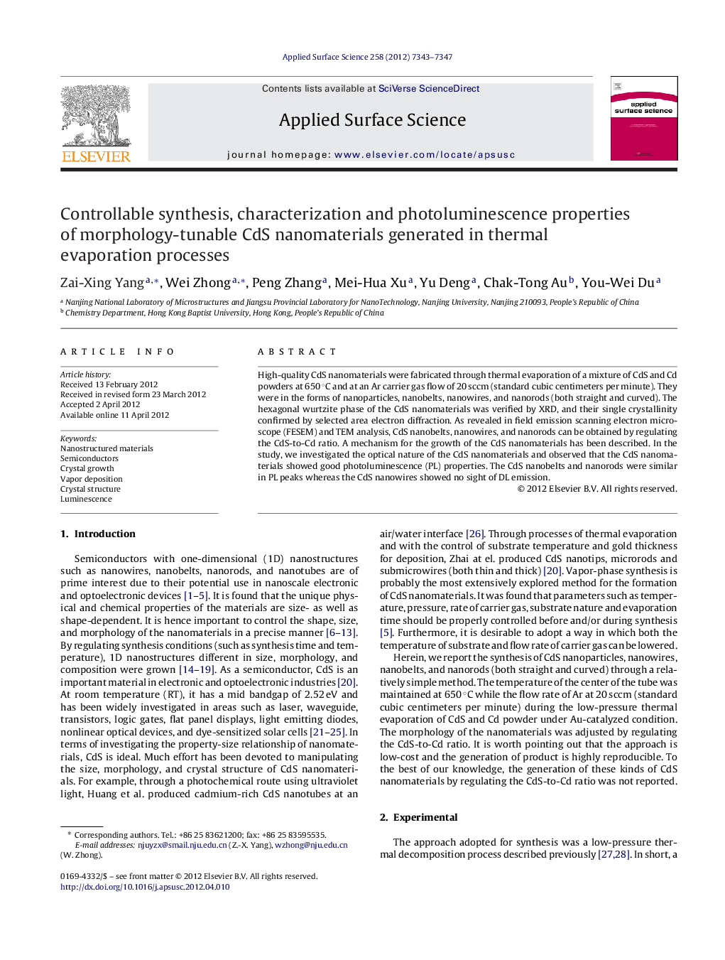 عکس صفحه اول مقاله: Controllable synthesis, characterization and photoluminescence properties of morphology-tunable CdS nanomaterials generated in thermal evaporation processes Controllable synthesis, characterization and photoluminescence properties of morphology-tunable CdS nanomaterials generated in thermal evaporation processes
