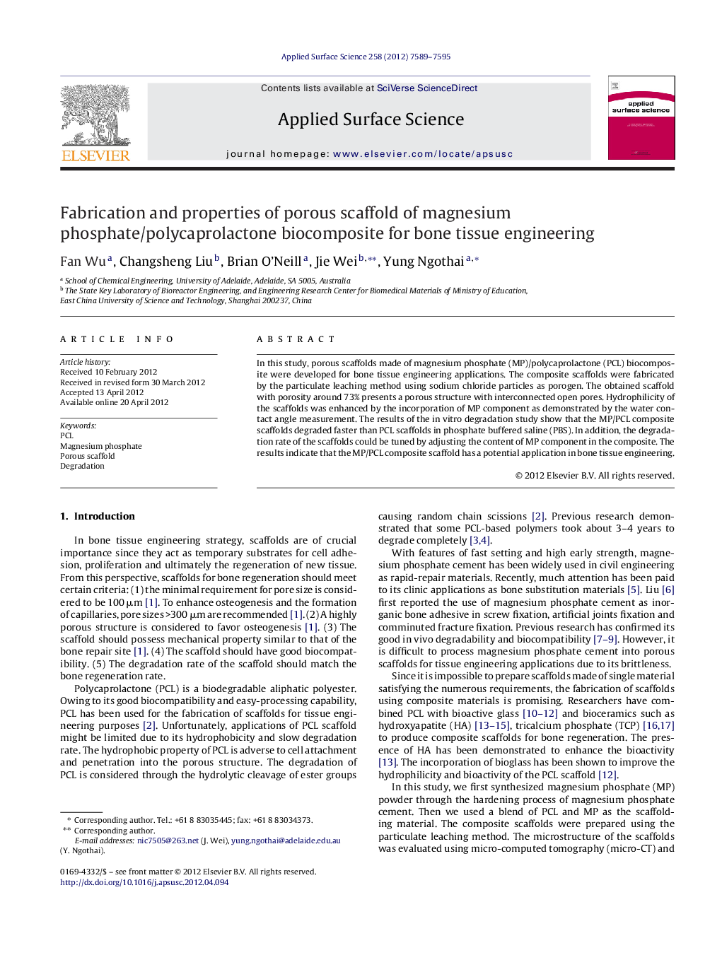 Fabrication and properties of porous scaffold of magnesium phosphate/polycaprolactone biocomposite for bone tissue engineering