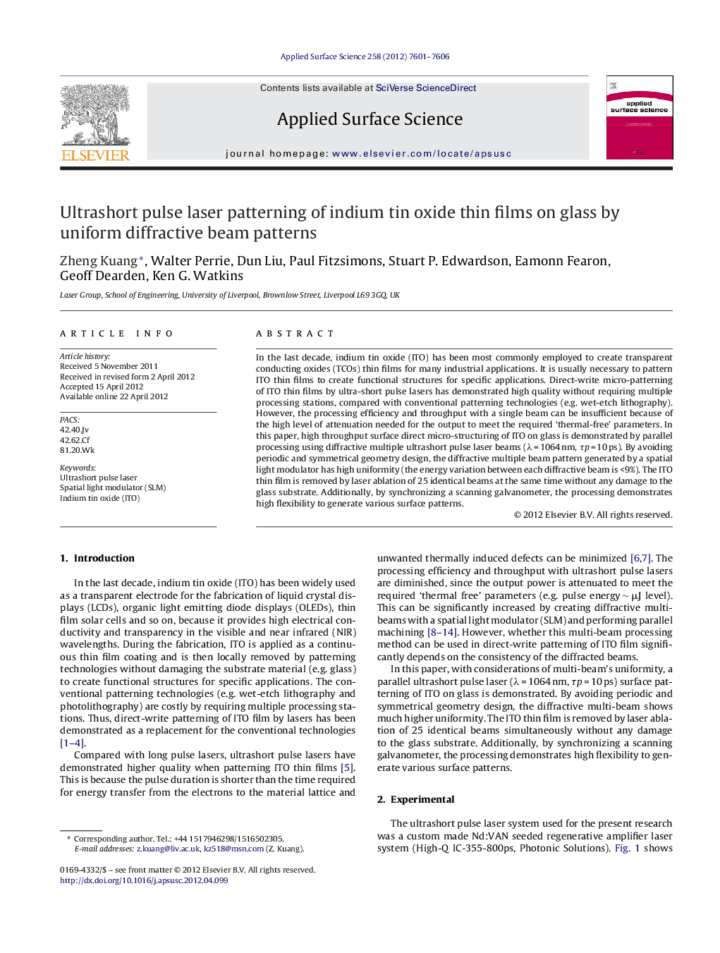 Ultrashort pulse laser patterning of indium tin oxide thin films on glass by uniform diffractive beam patterns