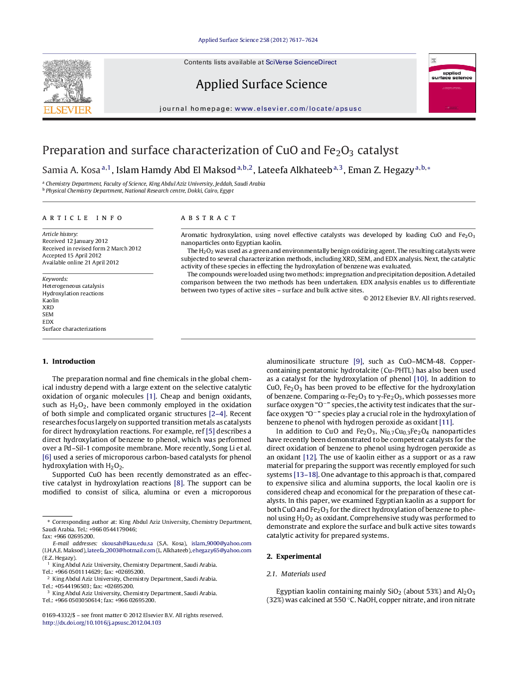 Preparation and surface characterization of CuO and Fe2O3 catalyst