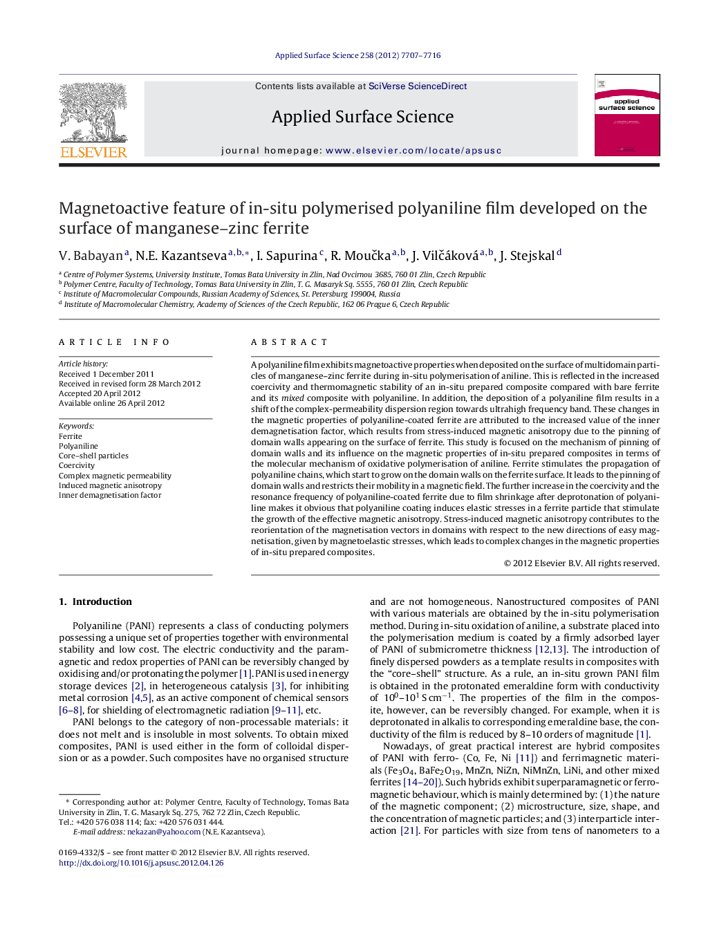 Magnetoactive feature of in-situ polymerised polyaniline film developed on the surface of manganese-zinc ferrite