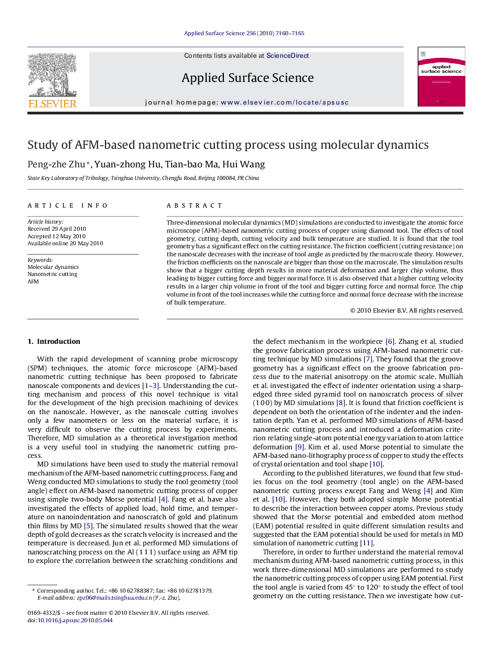 Study of AFM-based nanometric cutting process using molecular dynamics