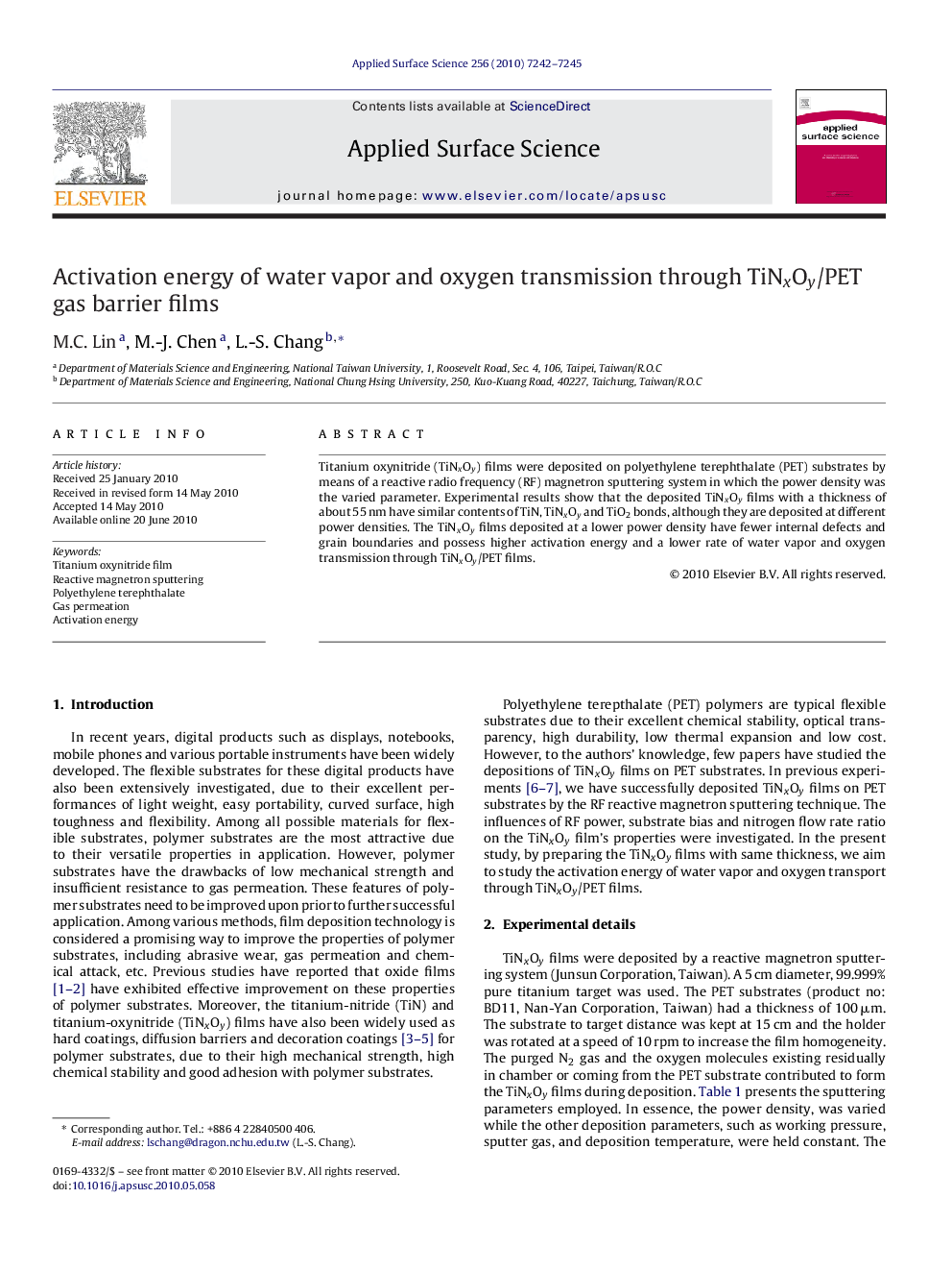 Activation energy of water vapor and oxygen transmission through TiNxOy/PET gas barrier films