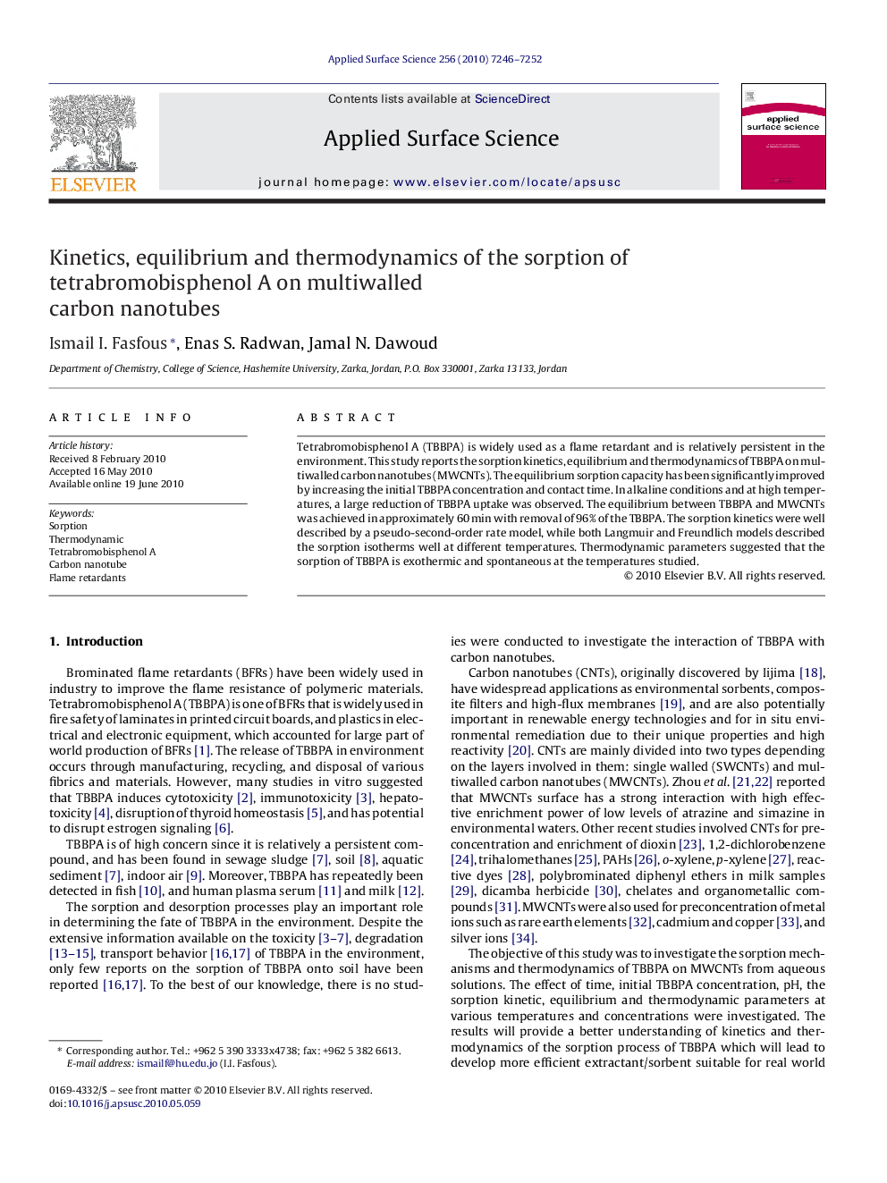 Kinetics, equilibrium and thermodynamics of the sorption of tetrabromobisphenol A on multiwalled carbon nanotubes