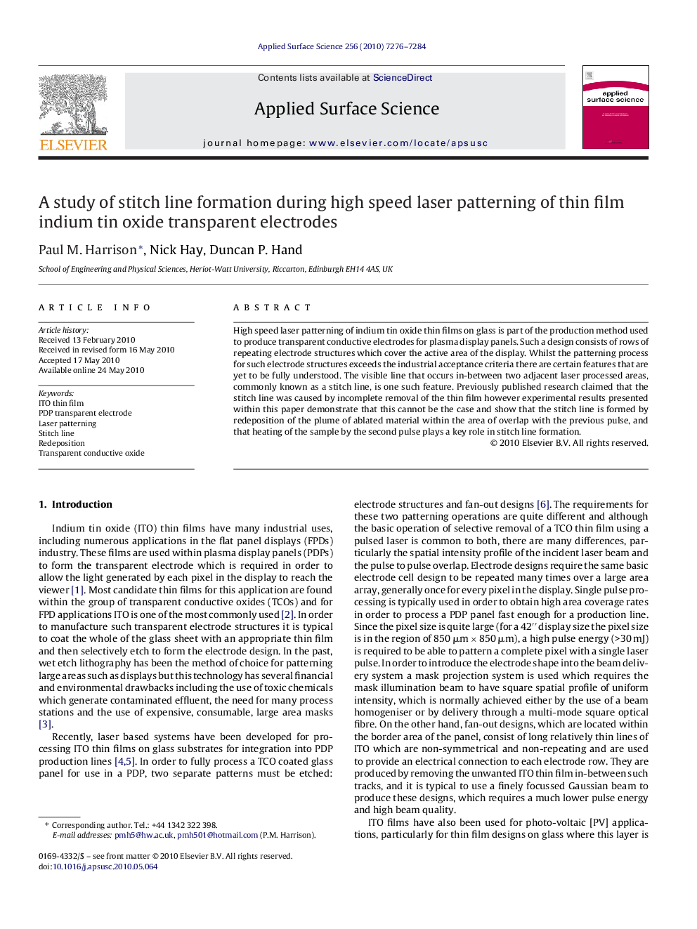 A study of stitch line formation during high speed laser patterning of thin film indium tin oxide transparent electrodes