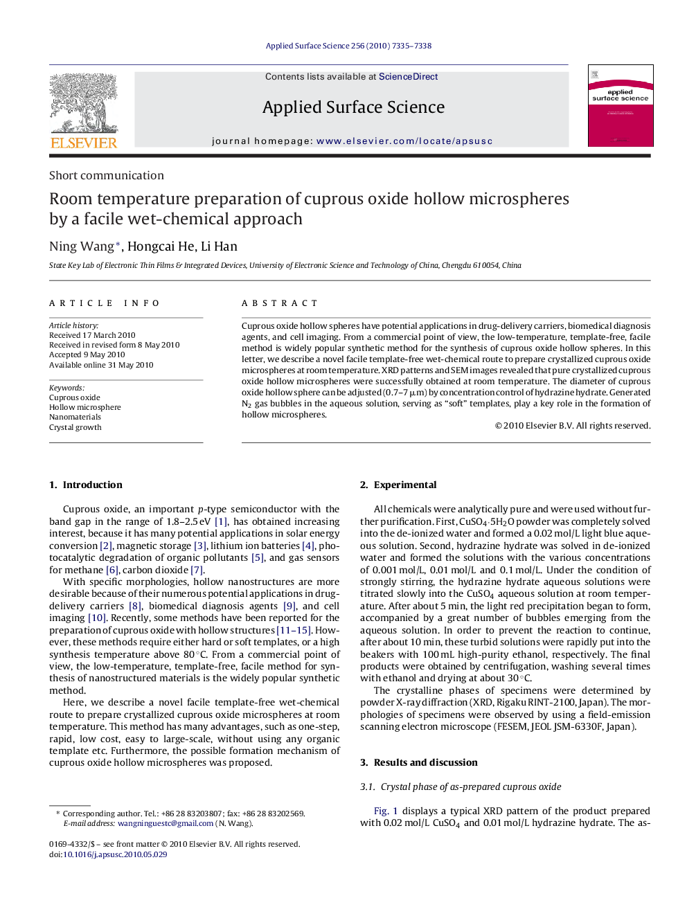 Room temperature preparation of cuprous oxide hollow microspheres by a facile wet-chemical approach