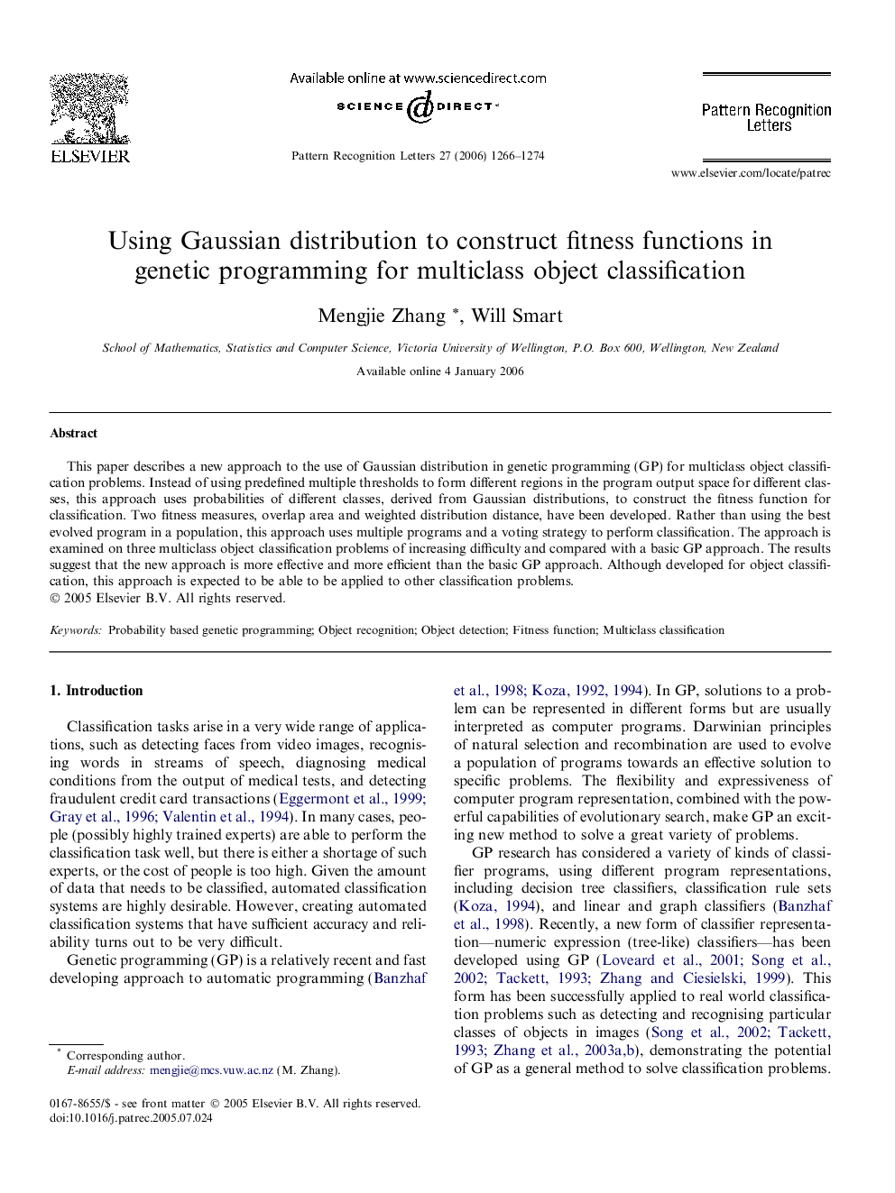 Using Gaussian distribution to construct fitness functions in genetic programming for multiclass object classification