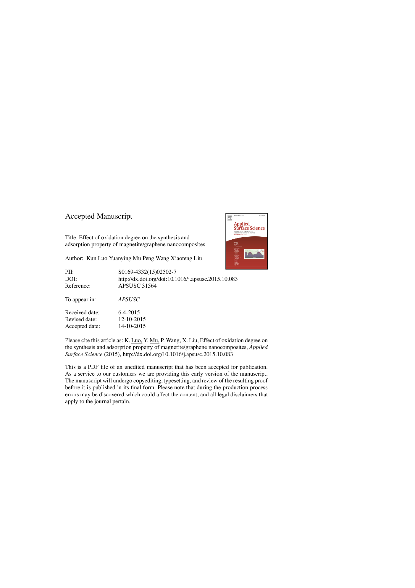 Effect of oxidation degree on the synthesis and adsorption property of magnetite/graphene nanocomposites