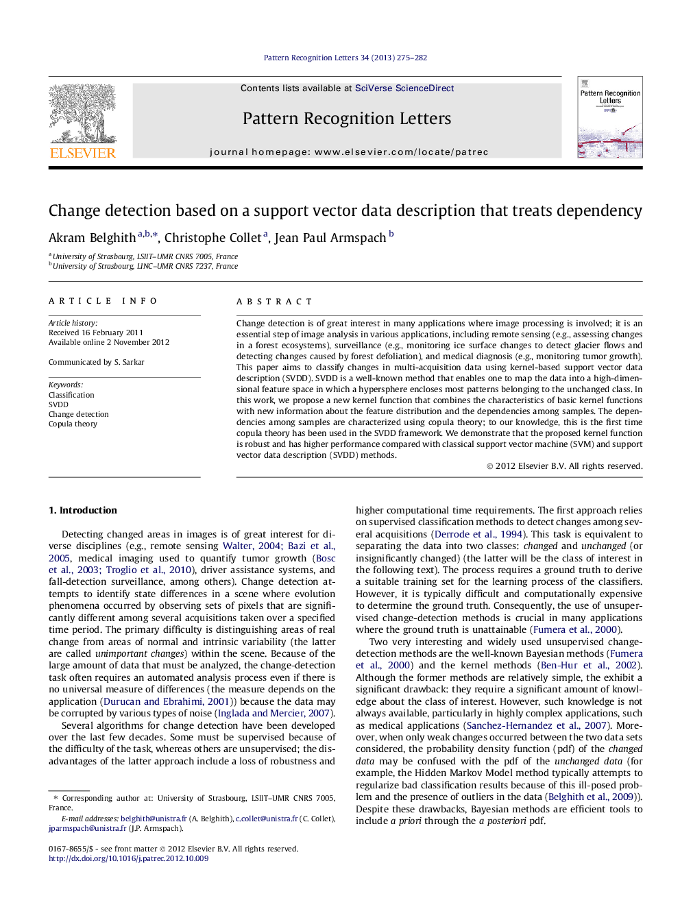 Change detection based on a support vector data description that treats dependency