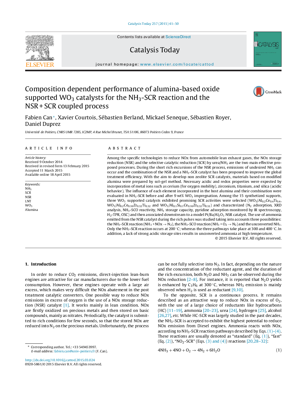 Composition dependent performance of alumina-based oxide supported WO3 catalysts for the NH3-SCR reaction and the NSR + SCR coupled process